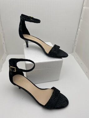 Nine West Black Ankle-Strap Kitten Heel Sandals with Gold Buckle